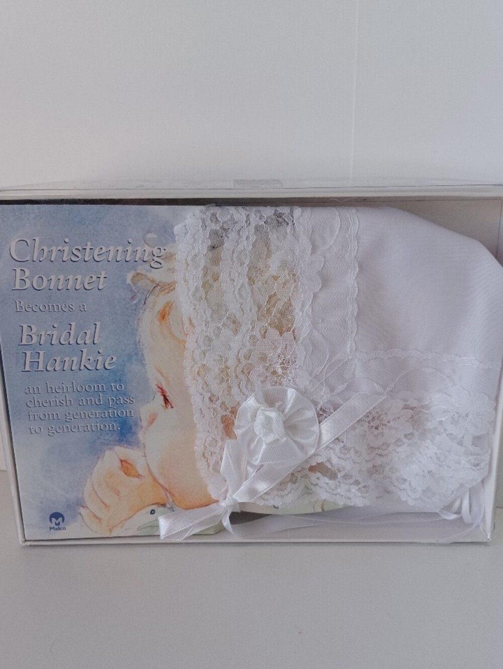 Christening Baptism Bonnet Baby White Lace Not Used But Opened Collectible